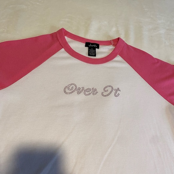 Pink and white short sleeve T shirt ‘Over it’ - Picture 3 of 7